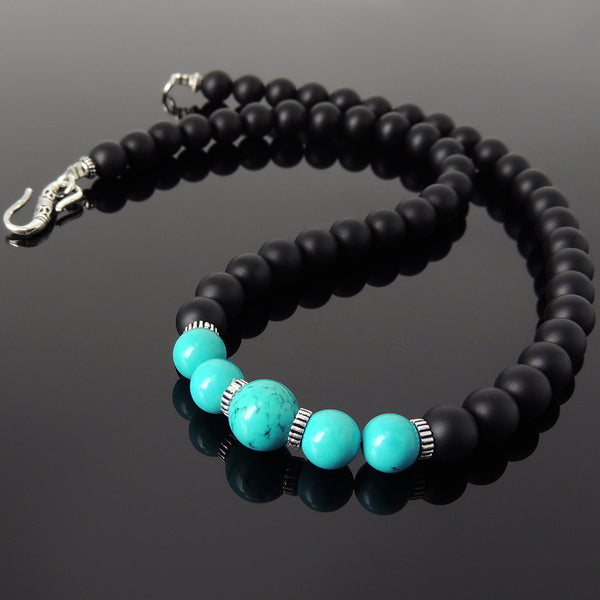 Men's Women Matte Black Onyx Turquoise Necklace 925 Sterling Silver Spacers Clasp DiyNotion Handmade NK165