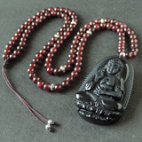 Men's Women Garnet Handmade Obsidian Buddha Pendant Necklace with 925 Sterling Silver Spacers Beads DiyNotion NK168