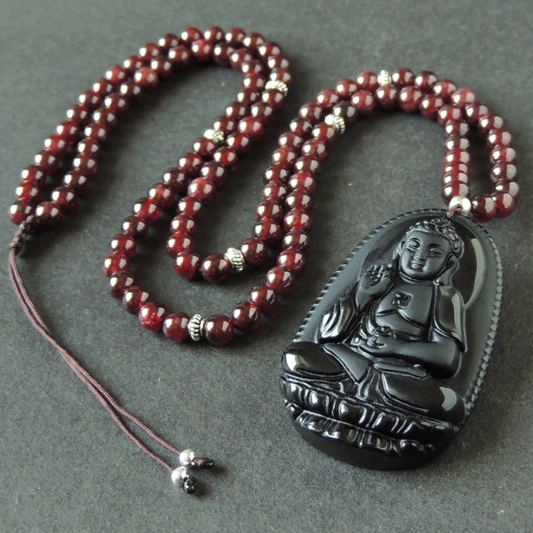 Men's Women Garnet Handmade Obsidian Buddha Pendant Necklace with 925 Sterling Silver Spacers Beads DiyNotion NK168