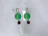 Vintage Green Lucite Button Earrings, Moonglow Buttons, Antique Brass, Green & Red Earrings, Christmas Earrings, Christmas Gift GLE287