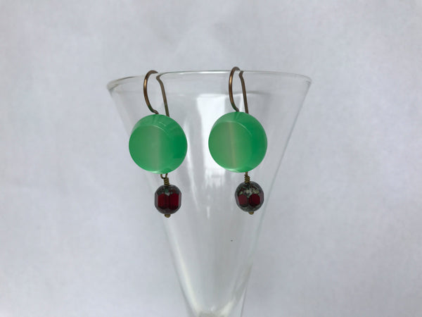 Vintage Green Lucite Button Earrings, Moonglow Buttons, Antique Brass, Green & Red Earrings, Christmas Earrings, Christmas Gift GLE287