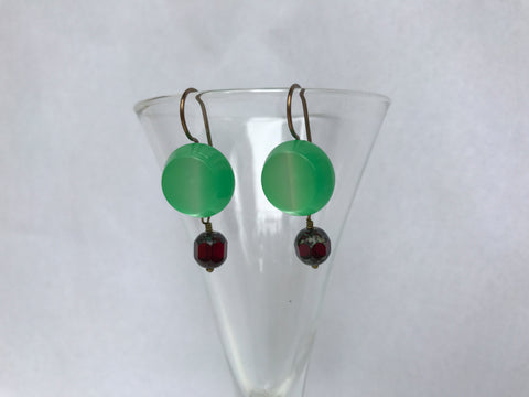 Vintage Green Lucite Button Earrings, Moonglow Buttons, Antique Brass, Green & Red Earrings, Christmas Earrings, Christmas Gift GLE287