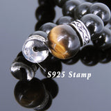 Men's Women Black Obsidian Tiger Eye Sterling Silver Bracelet Celtic Spacers DiyNotion Handmade BR309
