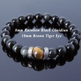 Men's Women Black Obsidian Tiger Eye Sterling Silver Bracelet Celtic Spacers DiyNotion Handmade BR309