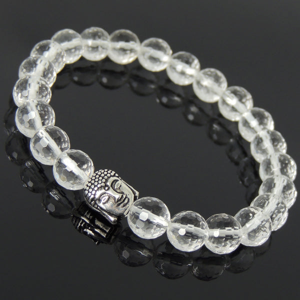 Men's Women White Crystal 925 Sterling Silver Bracelet Buddha Head Bead DiyNotion Handmade BR886