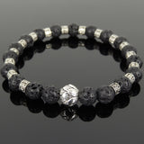 Men's Women Lava Rock Tibetan Silver Bracelet with Lotus Bead OM Spacers for Wrist Size 7" DiyNotion Handmade T296