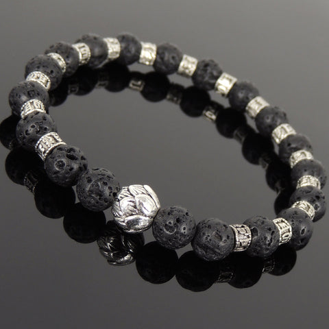 Men's Women Lava Rock Tibetan Silver Bracelet with Lotus Bead OM Spacers for Wrist Size 7" DiyNotion Handmade T296