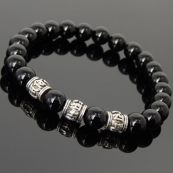 Men's Women Bright Black Onyx Tibetan Silver Bracelet OM Beads DiyNotion Handmade T297