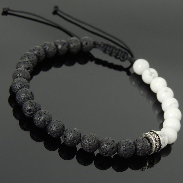 Men's Women White Howlite Lava Rock Adjustable Braided Bracelet 925 Sterling Silver Cross Spacers DiyNotion BR892