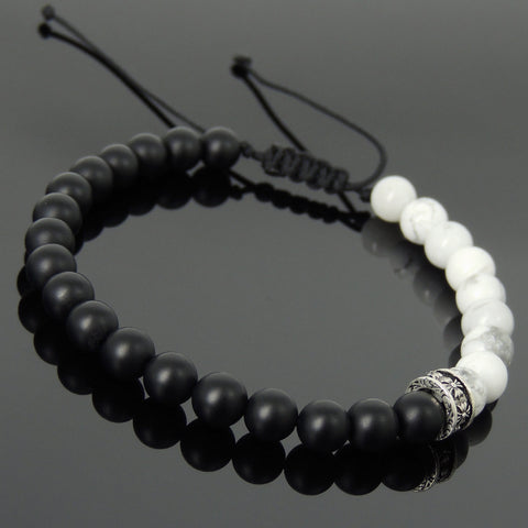 Men's Women White Howlite Matte Black Onyx Adjustable Braided Bracelet 925 Sterling Silver Cross Spacers DiyNotion BR893