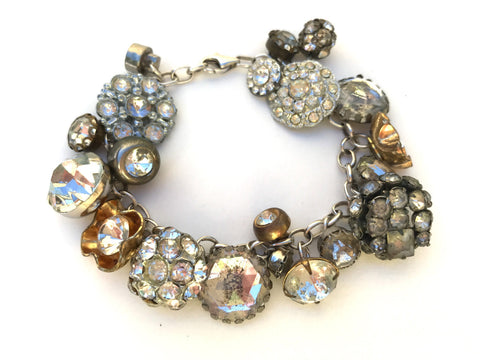 Vintage Rhinestone Button Charm Bracelet, Metal Rhinestone Buttons, Silver 7 1/4" Bracelet, Antique Button Bracelet, Christmas Gift MRB288