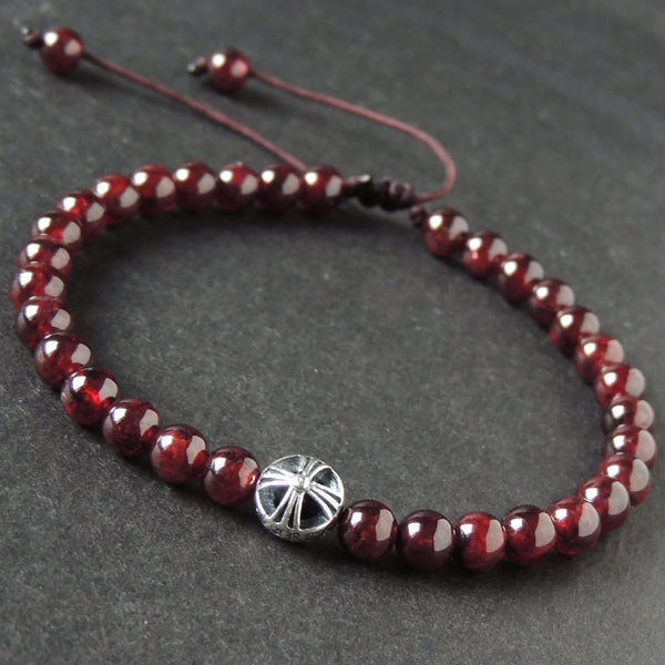 Men's Women Garnet Adjustable Braided Bracelet 925 Sterling Silver Cross Bead DiyNotion BR1014