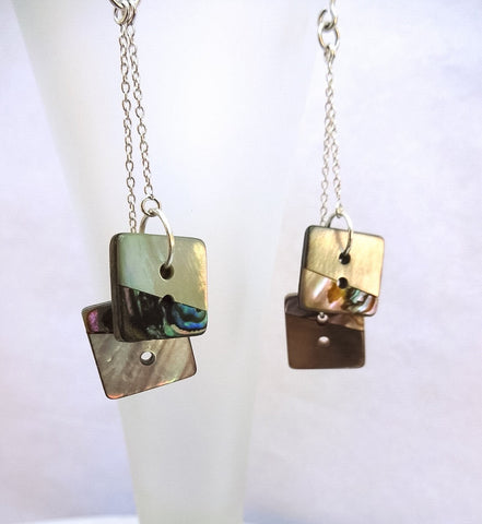 Vintage Mother of Pearl Button Earrings, Antique MOP Buttons, Abalone Buttons, Square MOP Buttons, Silver Chain, Silver Ear Wires MPE114