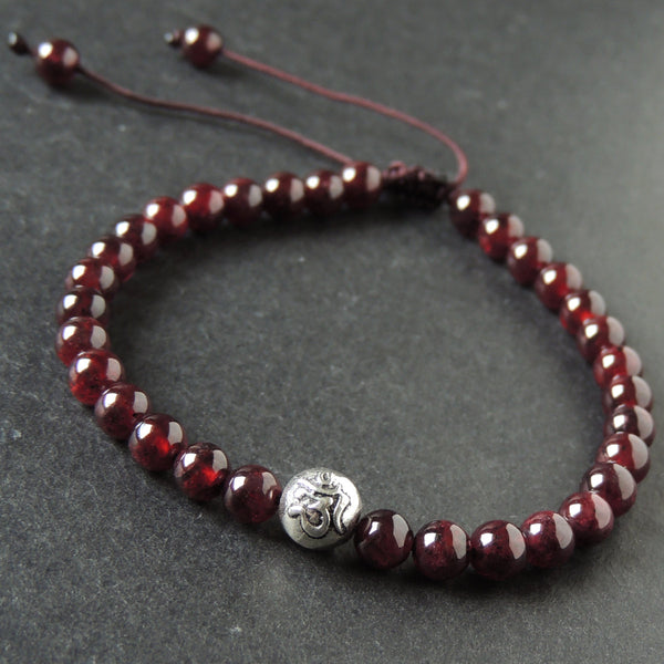 Men's Women Garnet Adjustable Braided Bracelet 925 Sterling Silver OM Buddhism Bead DiyNotion BR1019