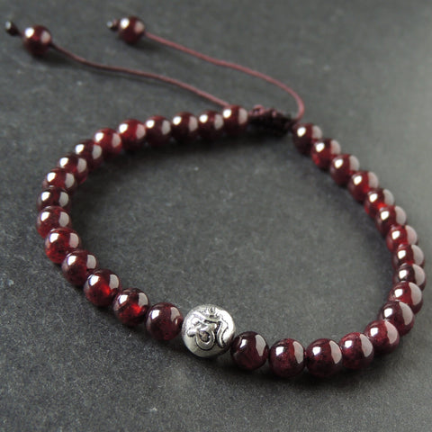 Men's Women Garnet Adjustable Braided Bracelet 925 Sterling Silver OM Buddhism Bead DiyNotion BR1019