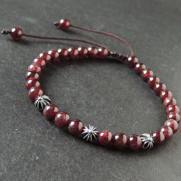Men's Women Garnet Adjustable Braided Bracelet 925 Sterling Silver Cross Beads DiyNotion BR1022
