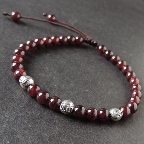 Men's Women Garnet Adjustable Braided Bracelet 925 Sterling Silver CH Sign Beads DiyNotion BR1023