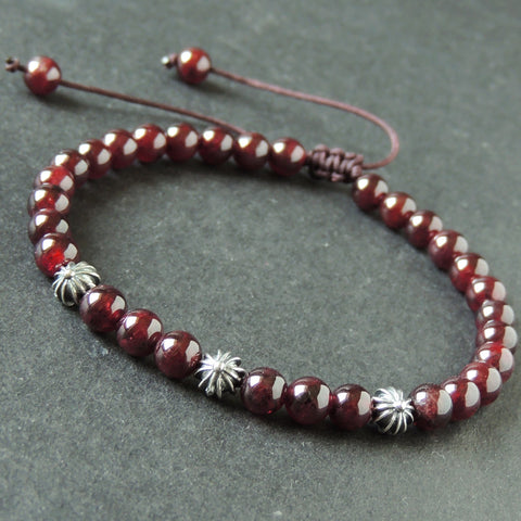 Men's Women Garnet Adjustable Braided Bracelet 925 Sterling Silver Cross Beads DiyNotion BR1024