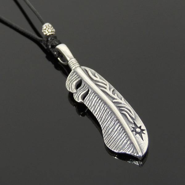 Men Women Handmade Adjustable Necklace with 925 Sterling Silver Feather Pendant Wax Rope  DiyNotion NK172