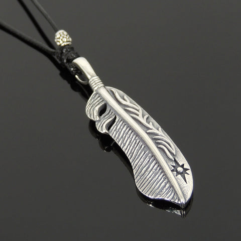 Men Women Handmade Adjustable Necklace with 925 Sterling Silver Feather Pendant Wax Rope  DiyNotion NK172