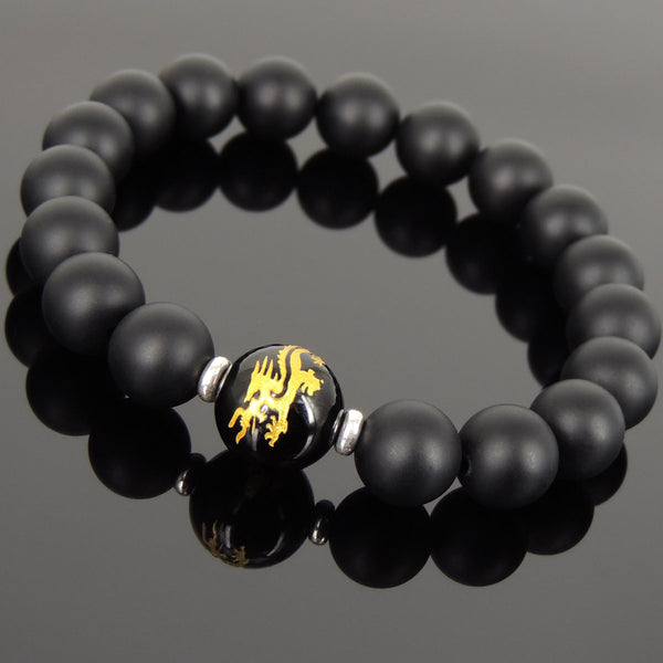 Men Women Matte Black Onyx Hot Stamp Dragon Sign Bracelet 925 Sterling Silver Spacers DiyNotion Handmade BR1027