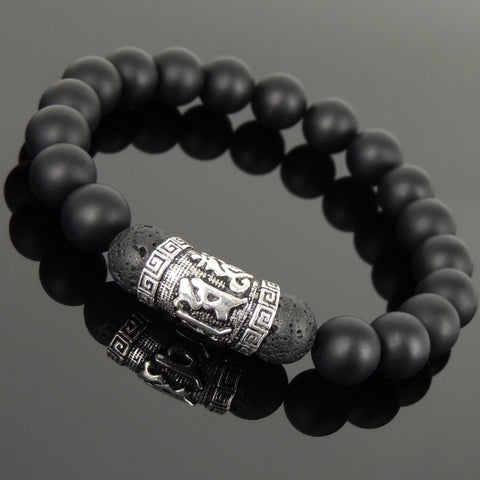 Men Women Matte Black Onyx Lava Rock Bracelet 925 Sterling Silver OM Buddhism Charm DiyNotion Handmade BR1028