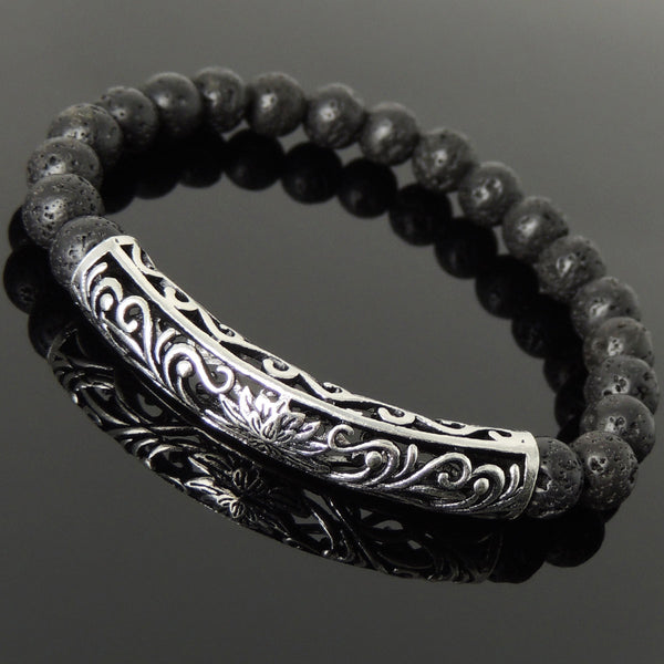 Men's Women Lava Rock Bracelet 925 Sterling Silver Lotus Charm DiyNotion Handmade BR1030