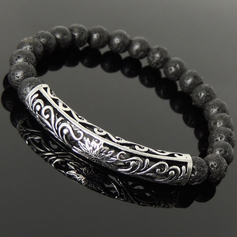 Men's Women Lava Rock Bracelet 925 Sterling Silver Lotus Charm DiyNotion Handmade BR1030