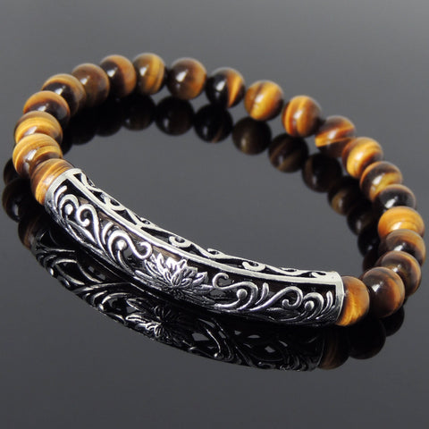 Men's Women Brown Tiger Eye Bracelet 925 Sterling Silver Lotus Charm DiyNotion Handmade BR1031