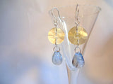 Vintage White Mother of Pearl Button Earrings, MOP Buttons, Blue Glass Bead Drops, Hand Made Silver French Hook Ear Wires WME102