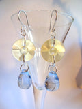 Vintage White Mother of Pearl Button Earrings, MOP Buttons, Blue Glass Bead Drops, Hand Made Silver French Hook Ear Wires WME102