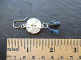 Vintage White Mother of Pearl Button Earrings, MOP Buttons, Blue Glass Bead Drops, Hand Made Silver French Hook Ear Wires WME102