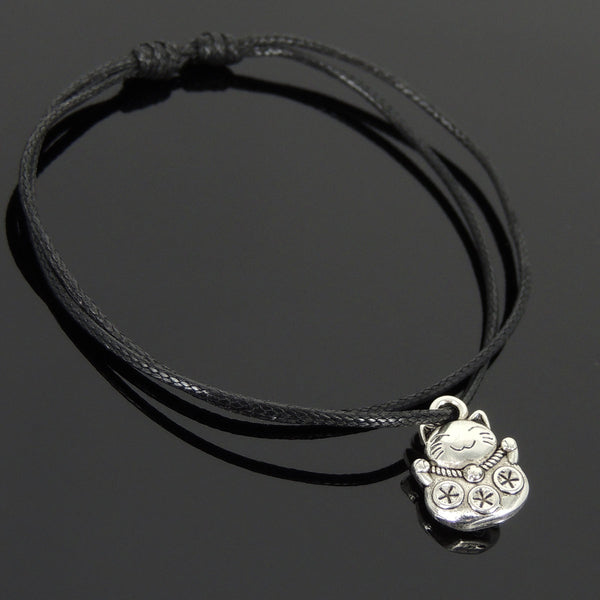 Men's Women Tibetan Silver Adjustable Braided Bracelet with Maneki Neko Cat Pendant DiyNotion TSB303