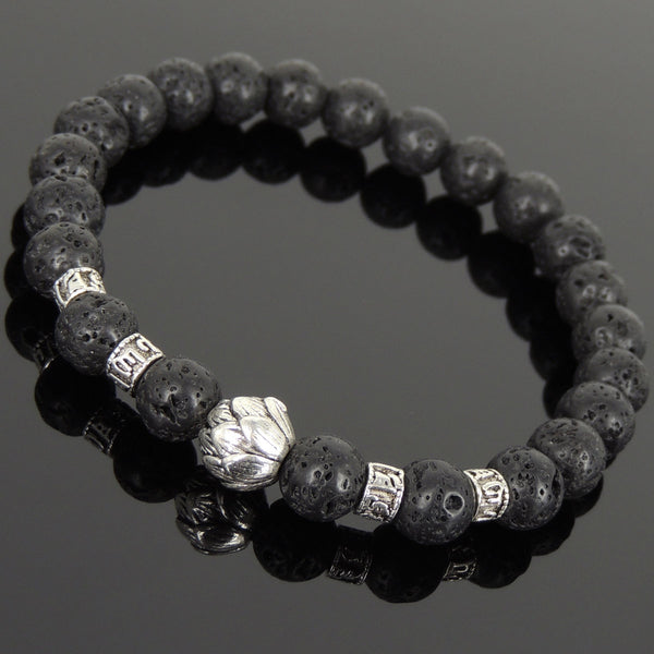 Men's Women Lava Rock Tibetan Silver Bracelet with Lotus Bead OM Spacers DiyNotion Handmade T305