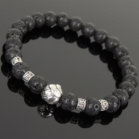 Men's Women Lava Rock Tibetan Silver Bracelet with Lotus Bead OM Spacers DiyNotion Handmade T305