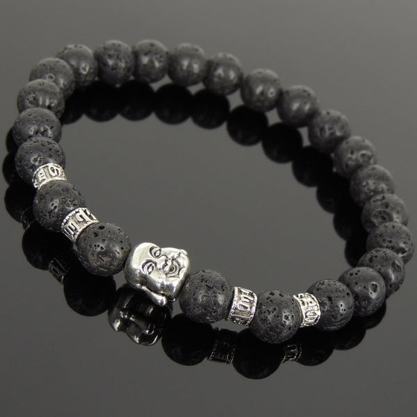 Men's Women Lava Rock Tibetan Silver Bracelet with Smiling Buddha Bead OM Spacers DiyNotion Handmade T306