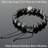 Men's Women Rainbow Black Obsidian Adjustable Braided Bracelet 925 Sterling Silver Dragon Bead DiyNotion BR918