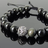 Men's Women Rainbow Black Obsidian Adjustable Braided Bracelet 925 Sterling Silver Dragon Bead DiyNotion BR918