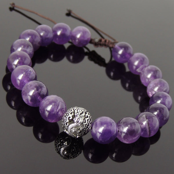 Men's Women Amethyst Adjustable Braided Bracelet 925 Sterling Silver Dragon Bead DiyNotion BR921