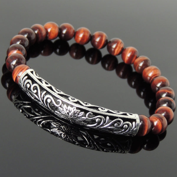 Men's Women Red Tiger Eye Bracelet 925 Sterling Silver Lotus Charm DiyNotion Handmade BR1032