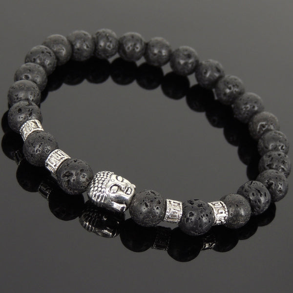 Men's Women Lava Rock Tibetan Silver Bracelet with Sakyamuni Buddha Bead OM Spacers DiyNotion Handmade T307