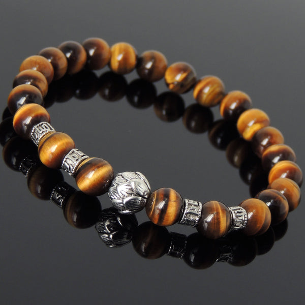 Men's Women Brown Tiger Eye Tibetan Silver Bracelet with Lotus Bead OM Spacers DiyNotion Handmade T313