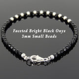 Men's Women 3mm Faceted Black Onyx 925 Sterling Silver Bracelet DiyNotion Handmade BR944