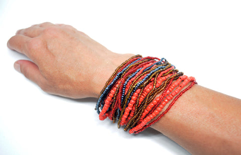 Multi Strand Beaded Bracelet Womens Wooden Clasp Bracelet Red Grey Boho Bracelet Gypsy Wood Jewelry Gift for Her Summer Cuff