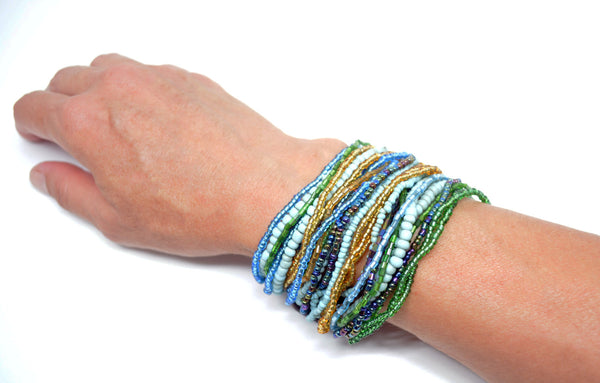 Multi Strand Beaded Bracelet Wooden Clasp Bracelet Turquoise Green Boho Bracelet Gypsy Wood Jewelry Gift for Her