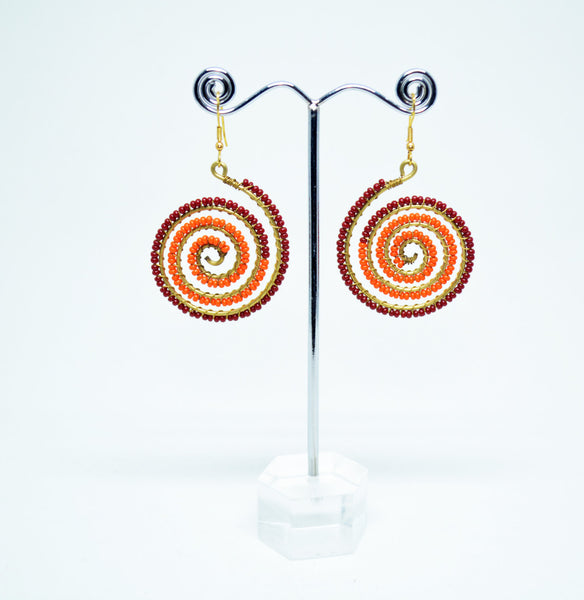 Wire Wrapped Earrings Orange Brown Beads Brass Earrings Drop Spiral  Earrings Festival Boho Gypsy Earrings Handmade Gift Anniversary Gift