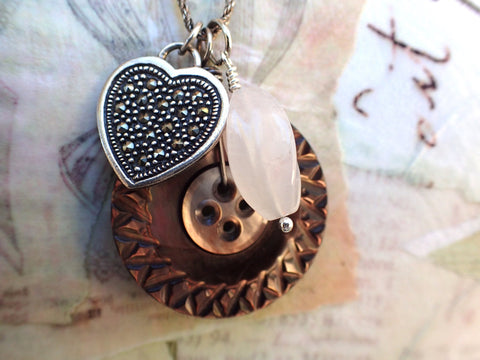 Vintage Carved Mother of Pearl Button Charm Necklace, Vintage Heart Marcasite Silver Charm, 26" Sterling Silver Chain, MPN255