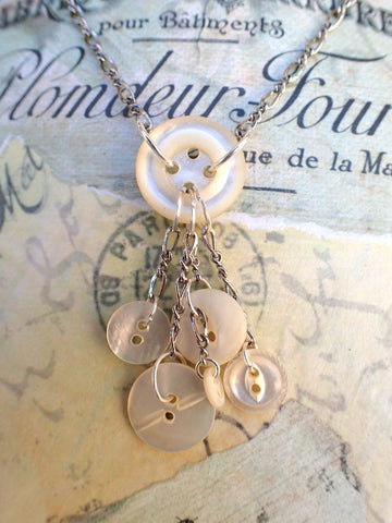 Vintage MOP Button Cluster Necklace, White Mother of Pearl Buttons, 16" Silver Chain, Sterling Silver Lobster Clasp, MPN257