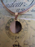 Vintage Inlaid White & Smoky Mother of Pearl Button Pendant Necklace, Smoky MOP Pendant, Half Moon Necklace, Silver 18" Wheat Chain, CGN259
