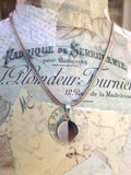 Vintage Inlaid White & Smoky Mother of Pearl Button Pendant Necklace, Smoky MOP Pendant, Half Moon Necklace, Silver 18" Wheat Chain, CGN259
